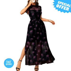BRAND NEW GothDark Maxi Dress - Floral Print & High Slit Design